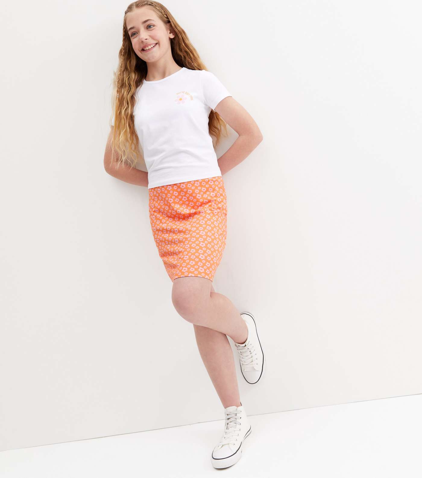 Girls Orange Floral Logo T-Shirt and Skirt Set Image 3