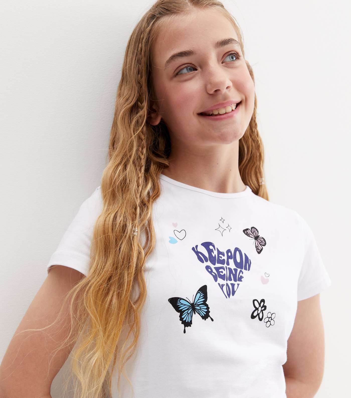 Girls White Heart Butterfly Logo T-Shirt