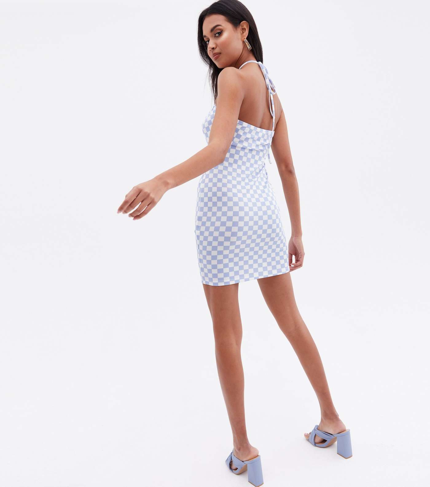 Pink Vanilla Blue Checkerboard Strappy Halter Mini Dress Image 4