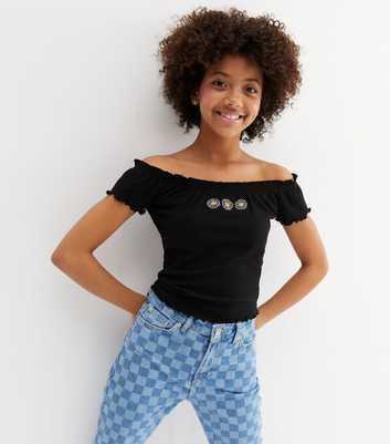 Girls Black Daisy Embroidered Bardot Top