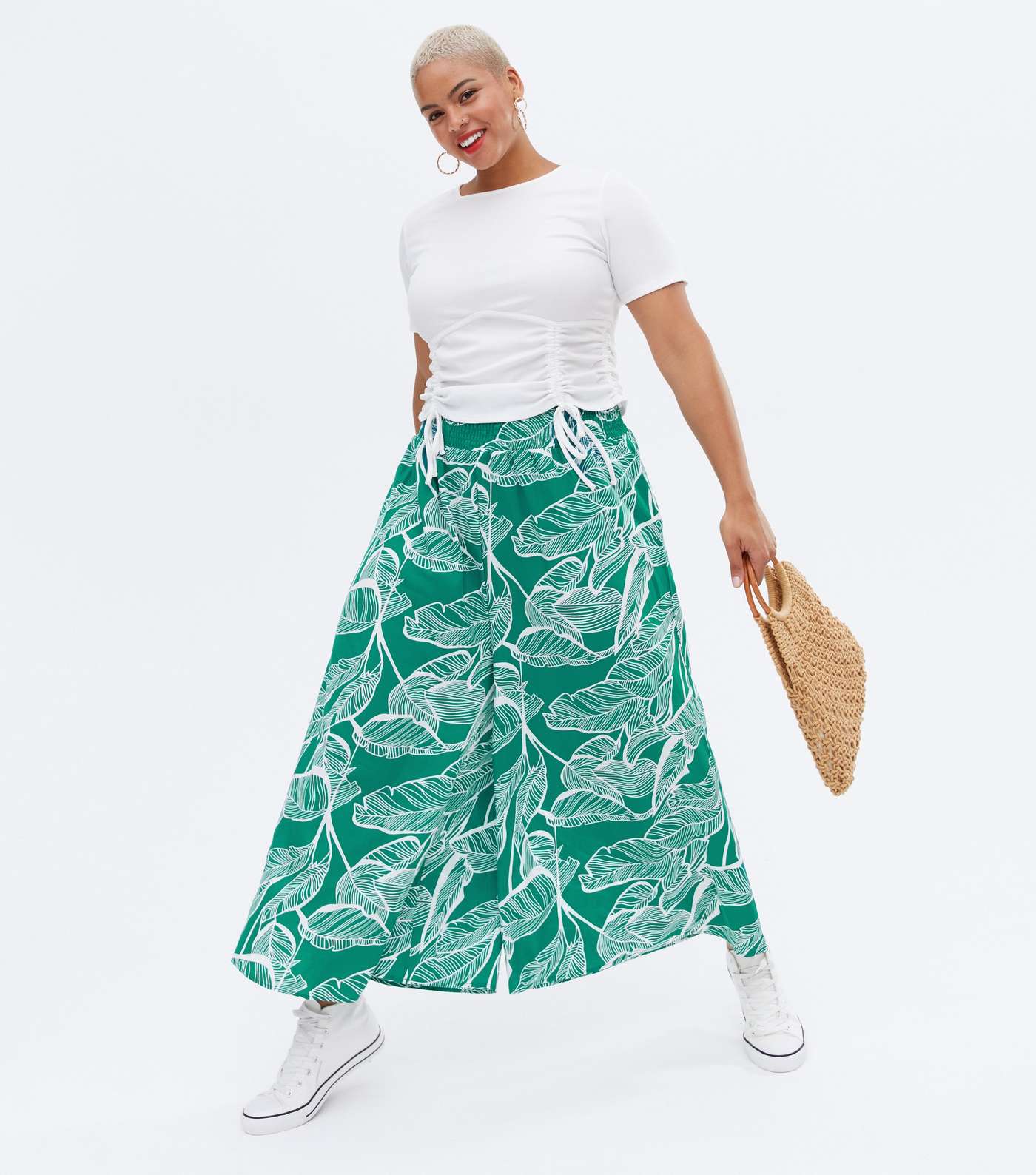 Blue Vanilla Curves Green Tropical Shirred Crop Trousers