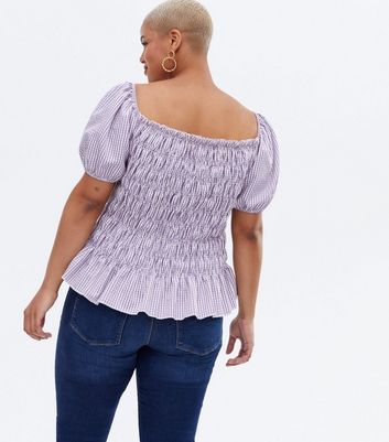 Click to view product details and reviews for Blue Vanilla Curves Lilac Gingham Shirred Peplum Blouse New Look.