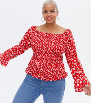 Blue Vanilla Curves Red Floral Shirred Long Sleeve Top New Look