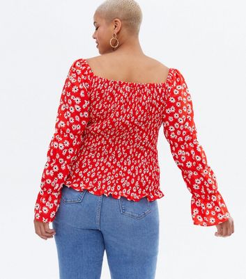 Blue Vanilla Curves Red Floral Shirred 