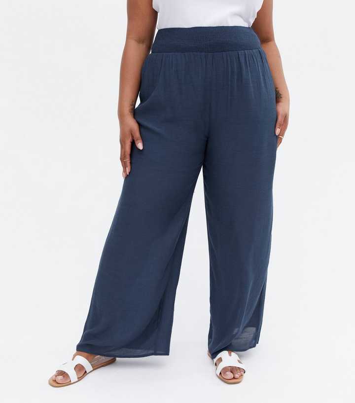 Navy Blue Linen Women Pants Wide Legs Pants Elastic Waist Plus