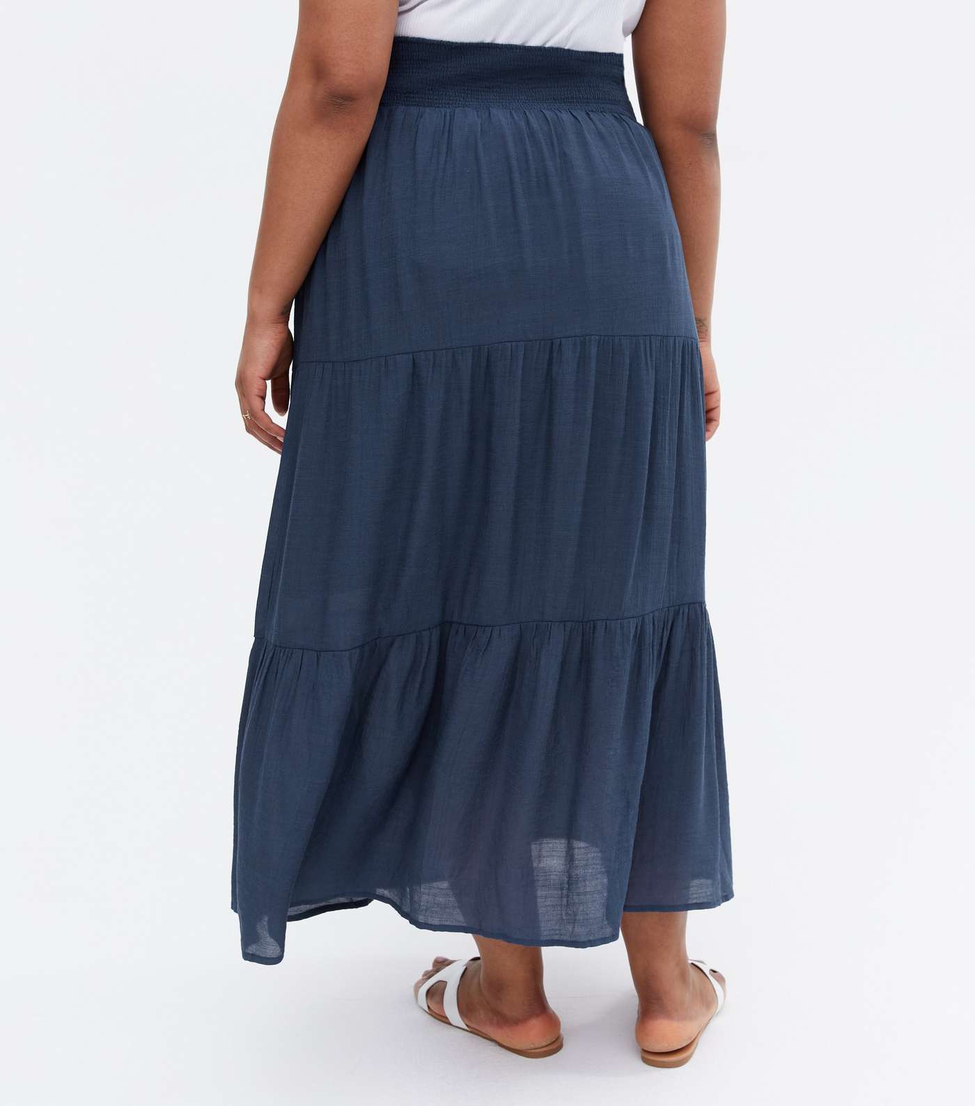 Blue Vanilla Curves Navy Linen-Look Tiered Maxi Skirt Image 4
