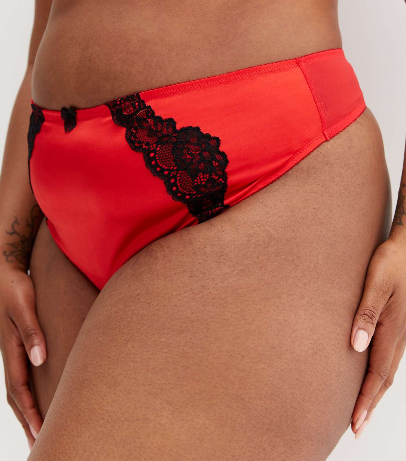 Curves Red Satin Lace Trim High Waist Thong Image 3