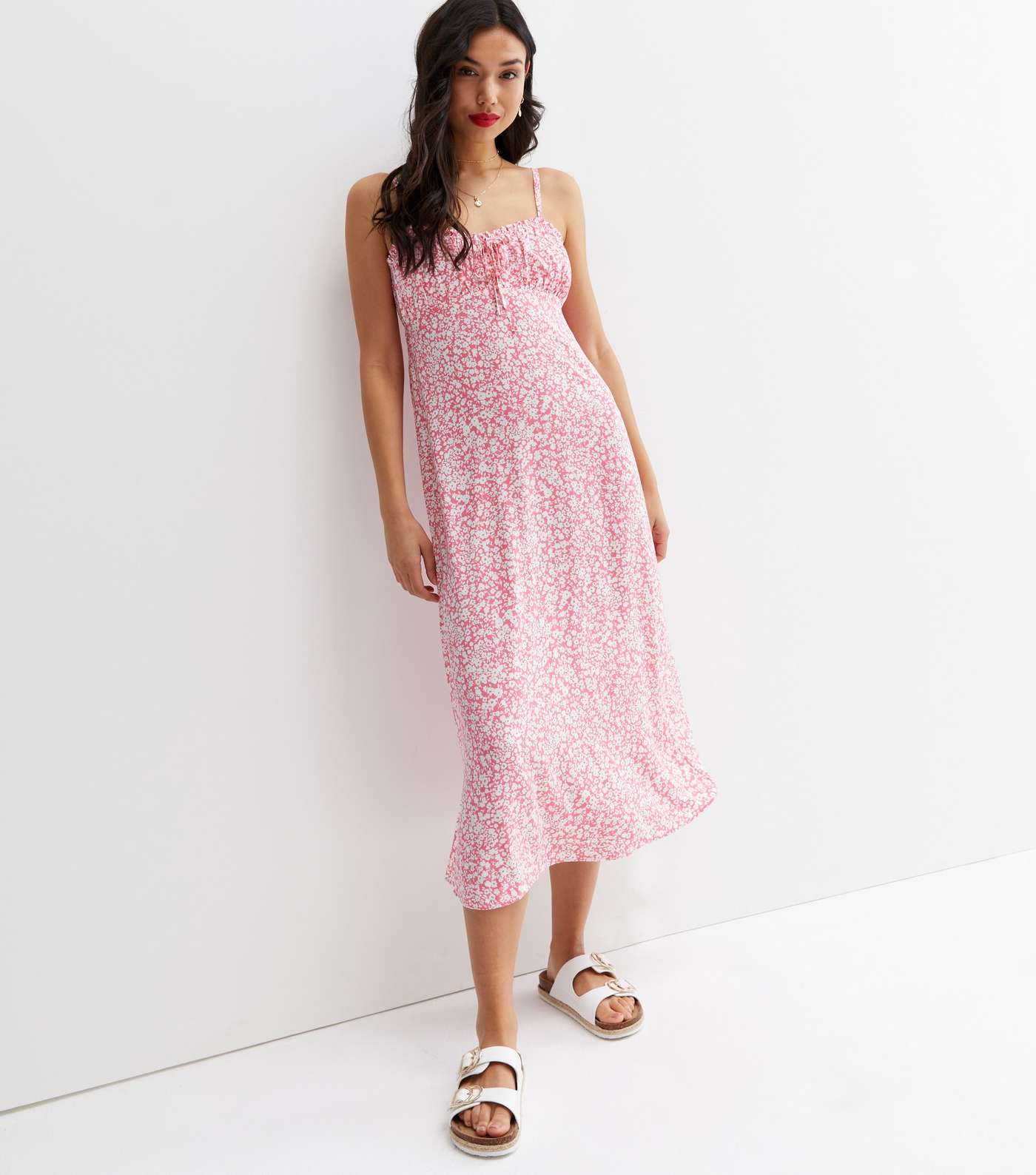 Pink Ditsy Floral Ruched Tie Front Midi Slip Dress Image 2