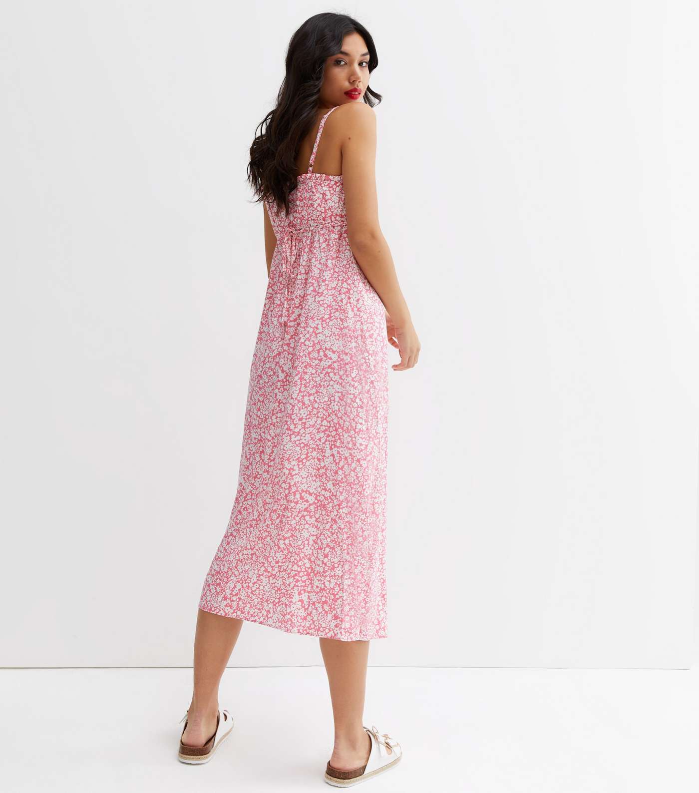 Pink Ditsy Floral Ruched Tie Front Midi Slip Dress Image 4