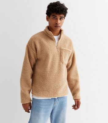 Camel Borg Zip Funnel Neck Sweatshirt 