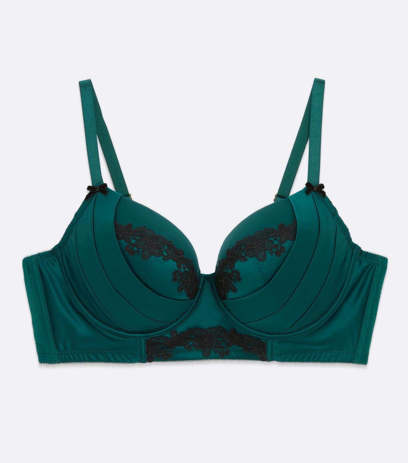 Curves Dark Green Satin Guipure Lace Trim Pleated Plunge Push Up Bra Image 5