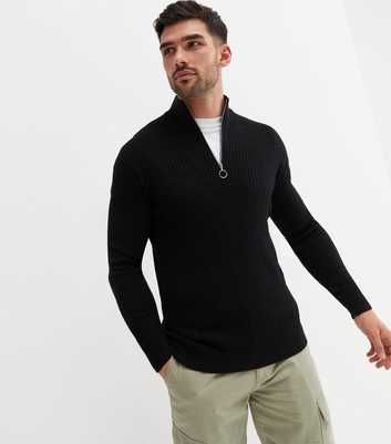 Black Ribbed High Neck 1/2 Zip Muscle Fit Jumper