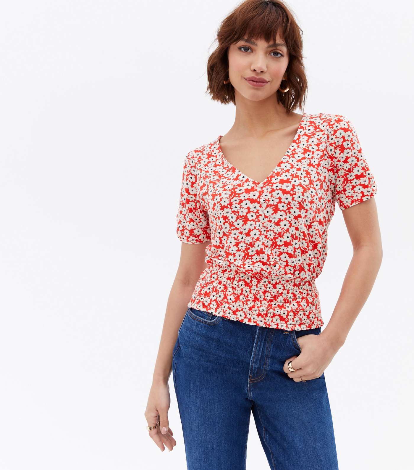 Red Floral Shirred Hem Button Blouse