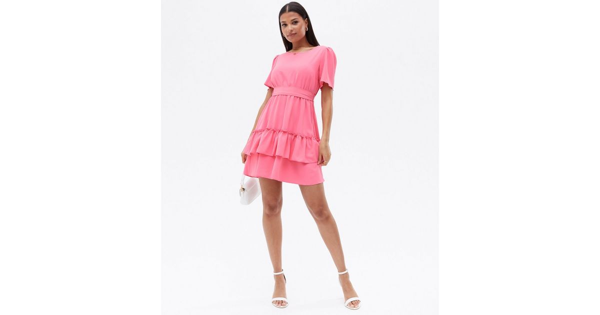 Cameo Rose Bright Pink Satin Tiered Mini Dress | New Look