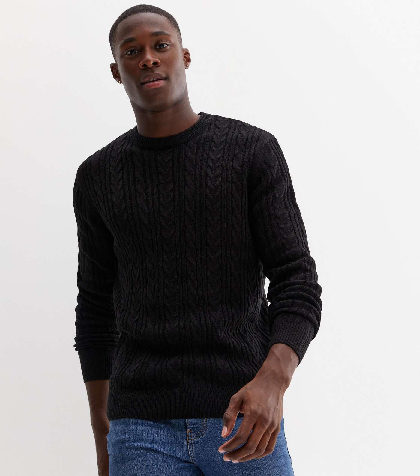 Black Cable Knit Long Sleeve Crew Neck Jumper Image 3