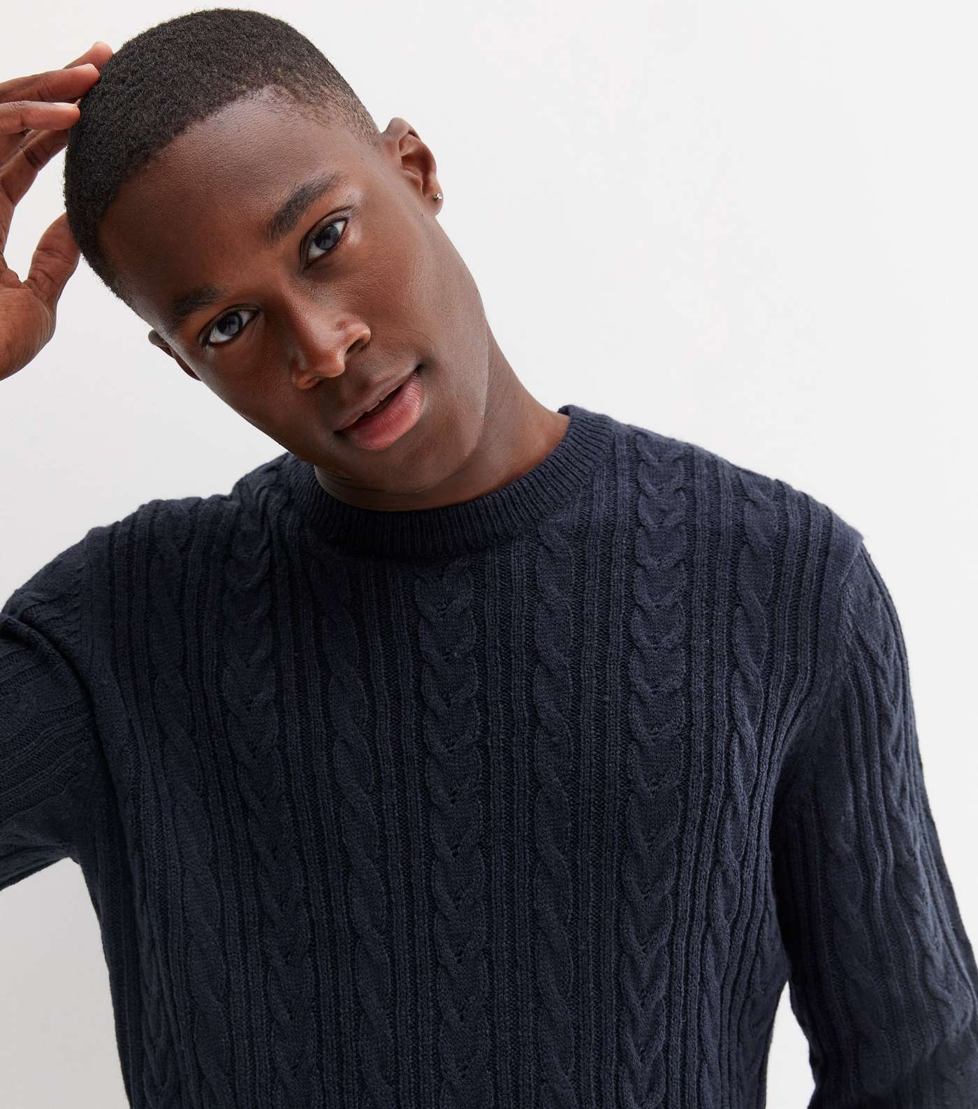 Navy Cable Knit Long Sleeve Crew Neck Jumper Image 3