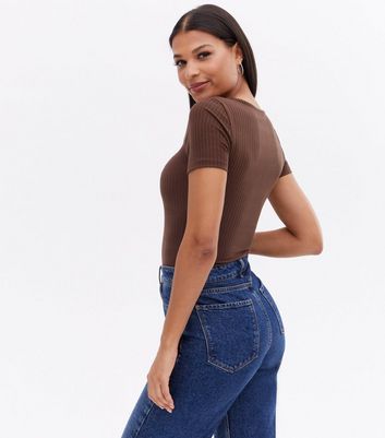 Click to view product details and reviews for Dark Brown Ribbed Jersey Ring Front Bodysuit New Look.