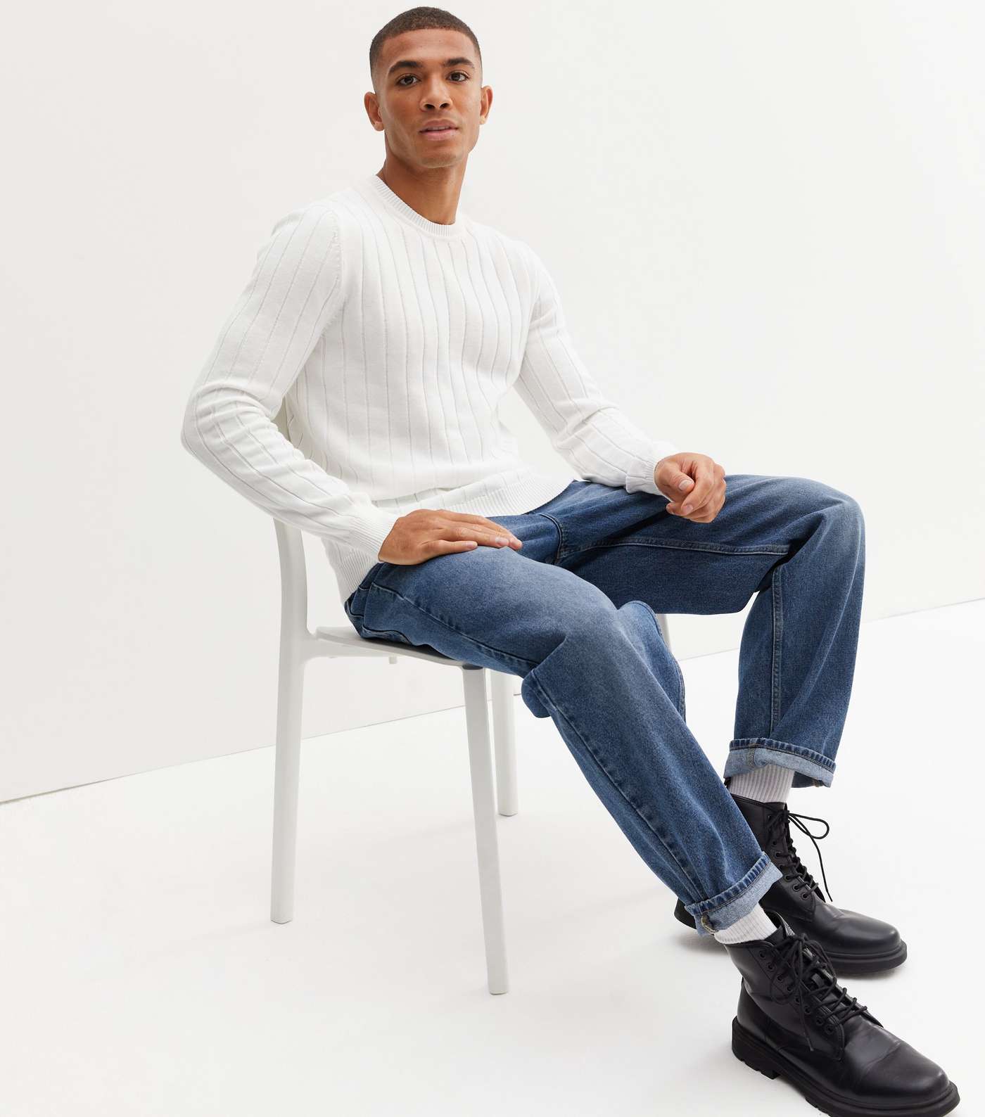 Off White Ribbed Fine Knit Crew Neck Jumper Image 2