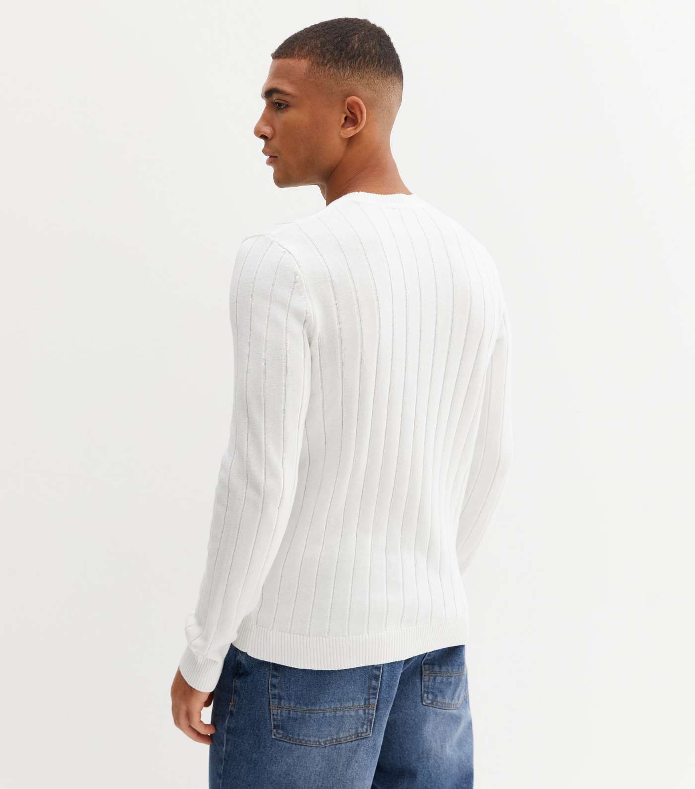 Off White Ribbed Fine Knit Crew Neck Jumper Image 4