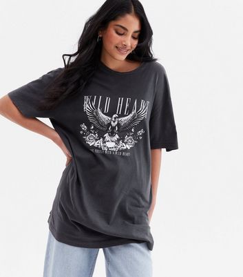 Dark Grey Acid Wash Wild Hearts Oversized Logo T Shirt New Look