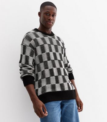 Black Check Tuck Stitch Relaxed Fit Jumper New Look