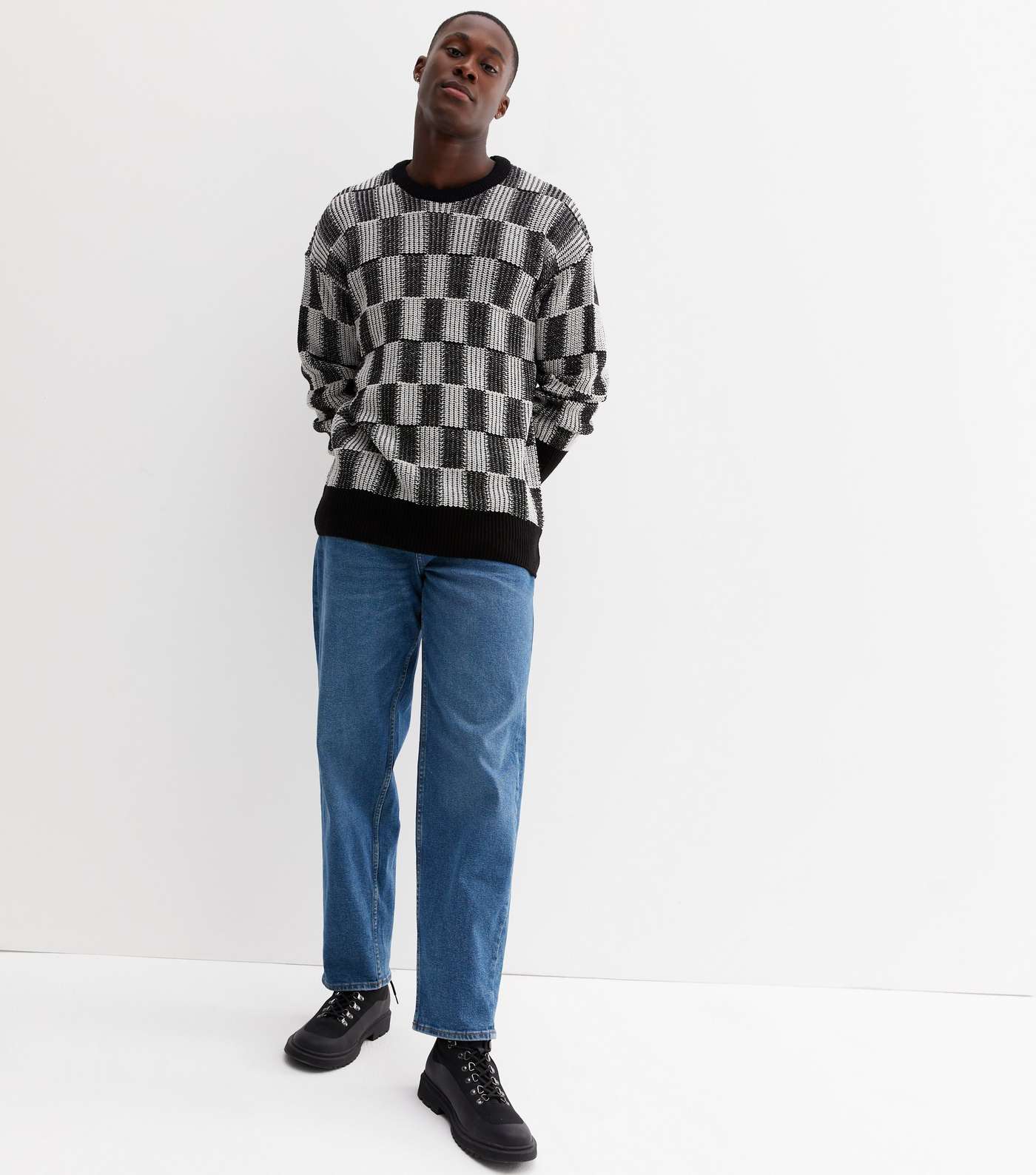 Black Check Tuck Stitch Relaxed Fit Jumper Image 2
