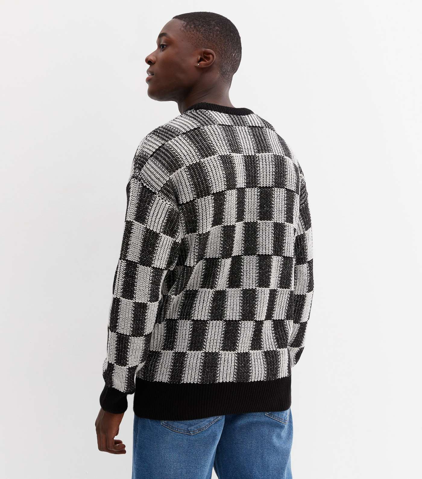 Black Check Tuck Stitch Relaxed Fit Jumper Image 4