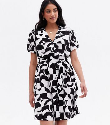 Damen Bekleidung Black Geometric Tie Waist Mini Shirt Dress Damen Bekleidung Black Geometric Tie Waist Mini Shirt Dress