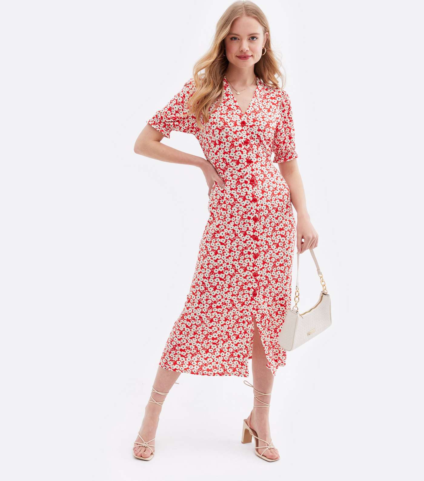 Red Ditsy Floral Jersey Button Front Midi Dress Image 2