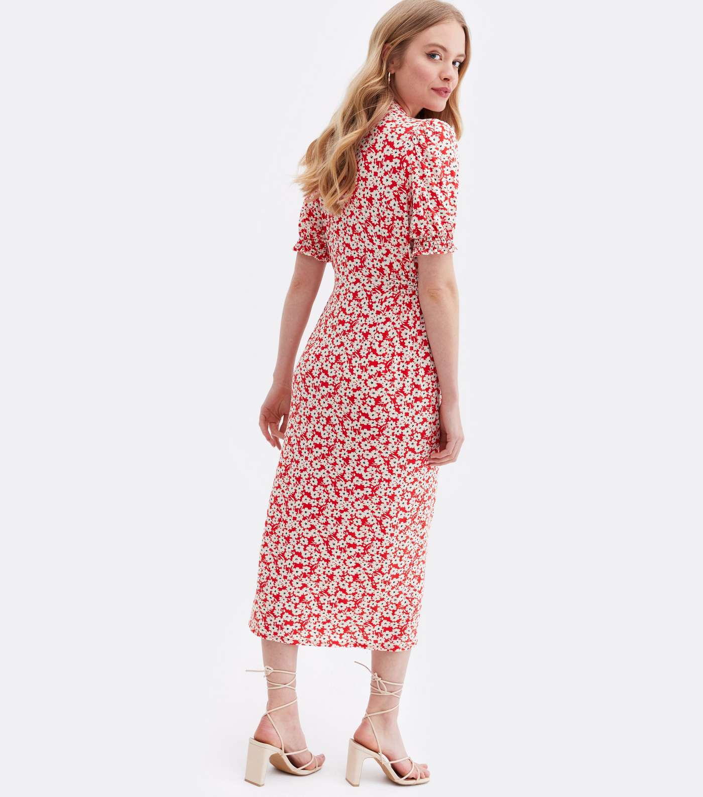 Red Ditsy Floral Jersey Button Front Midi Dress Image 4