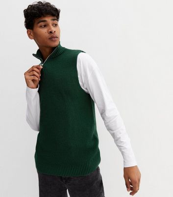 Dark Green Knit Zip High Neck Sleeveless Vest Jumper | New Look
