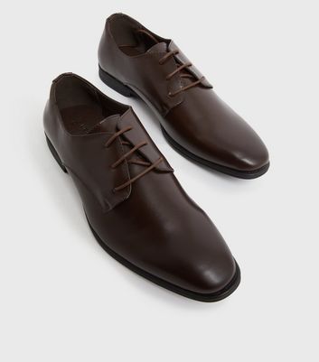 Men's Dark Brown Leather-Look Derby Shoes New Look