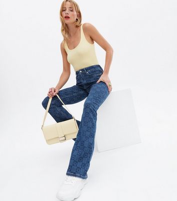 ONLY Bright Blue Floral Check High Waist Flared Jeans