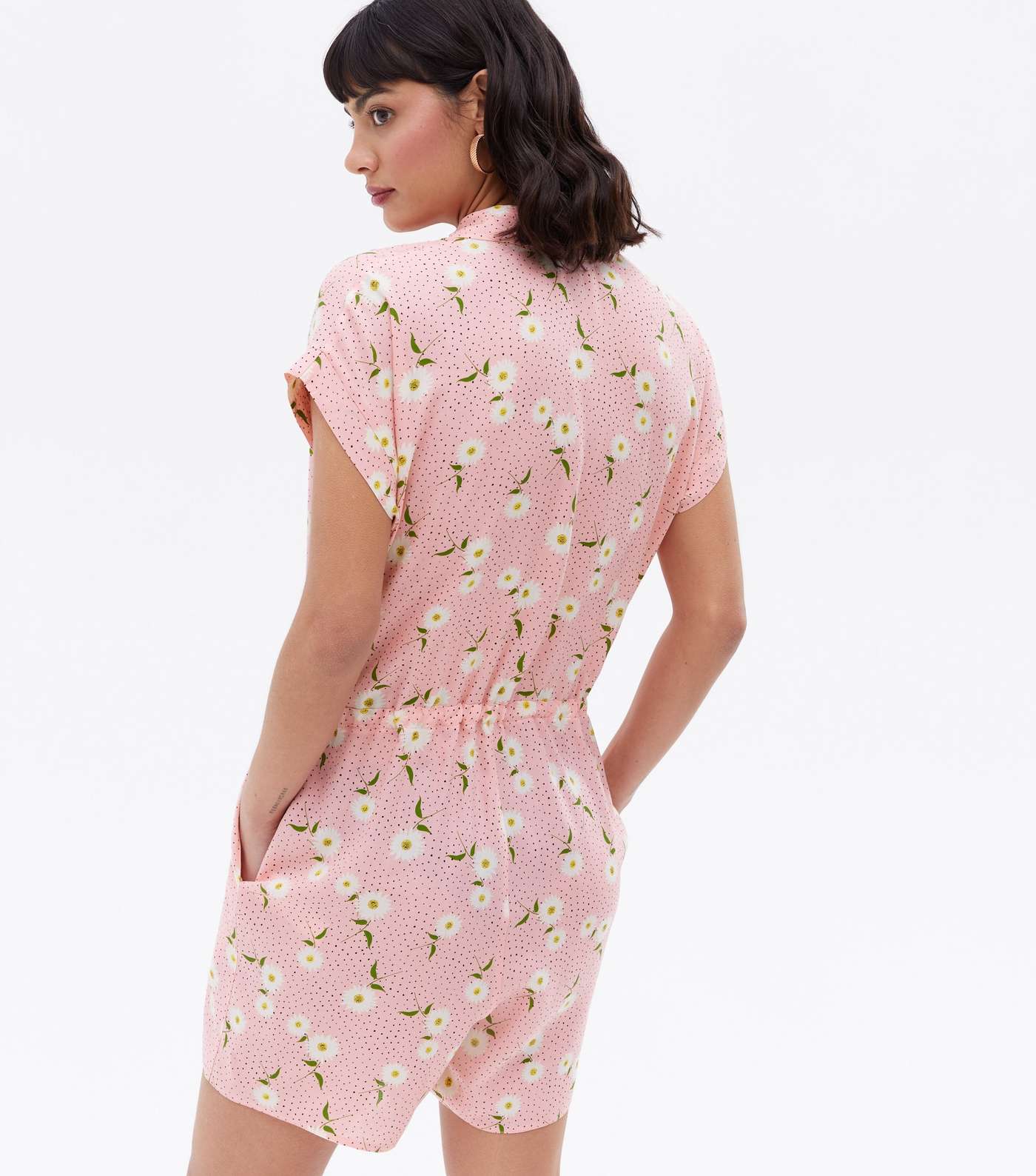 Pink Daisy Spot Tie Front Collared Playsuit Image 4