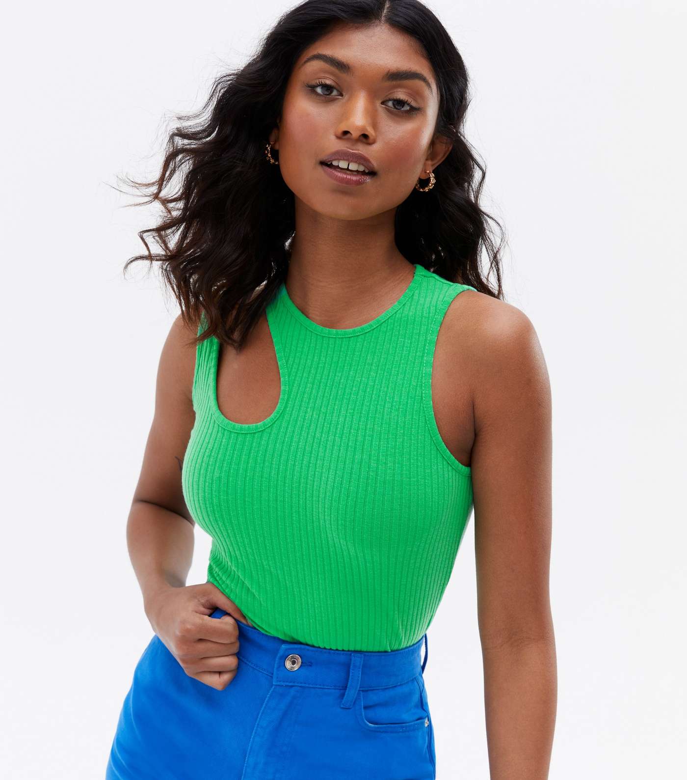 Green Ribbed Cut Out Bodysuit Image 2