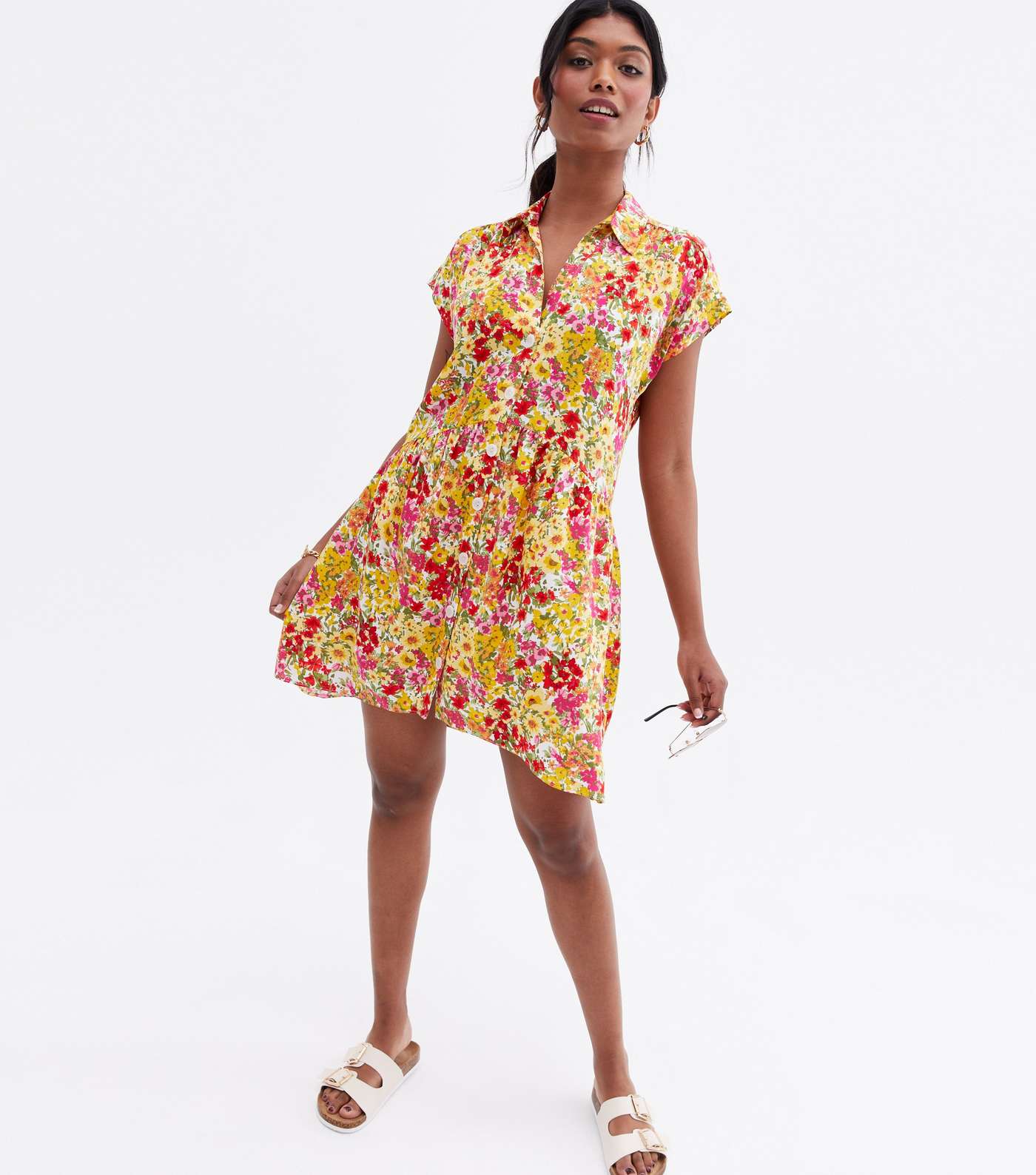 Yellow Floral Button Front Collared Mini Smock Dress Image 2