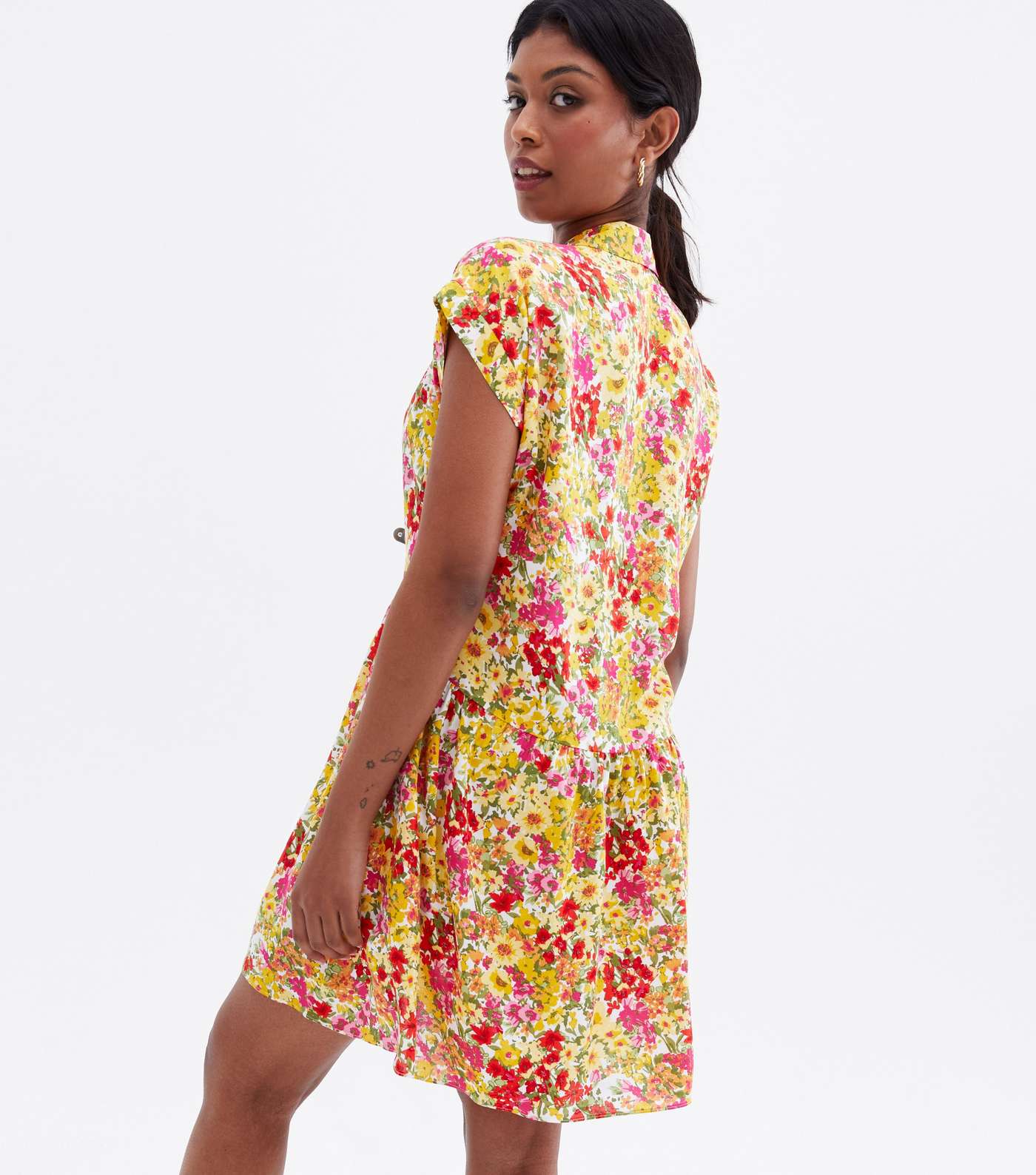 Yellow Floral Button Front Collared Mini Smock Dress Image 4