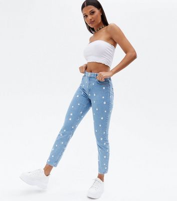 Blue Daisy Embroidered Mom Jeans 