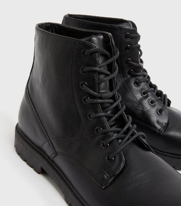 Men's Black Leather-Look Lace Up Chunky Boots New Look