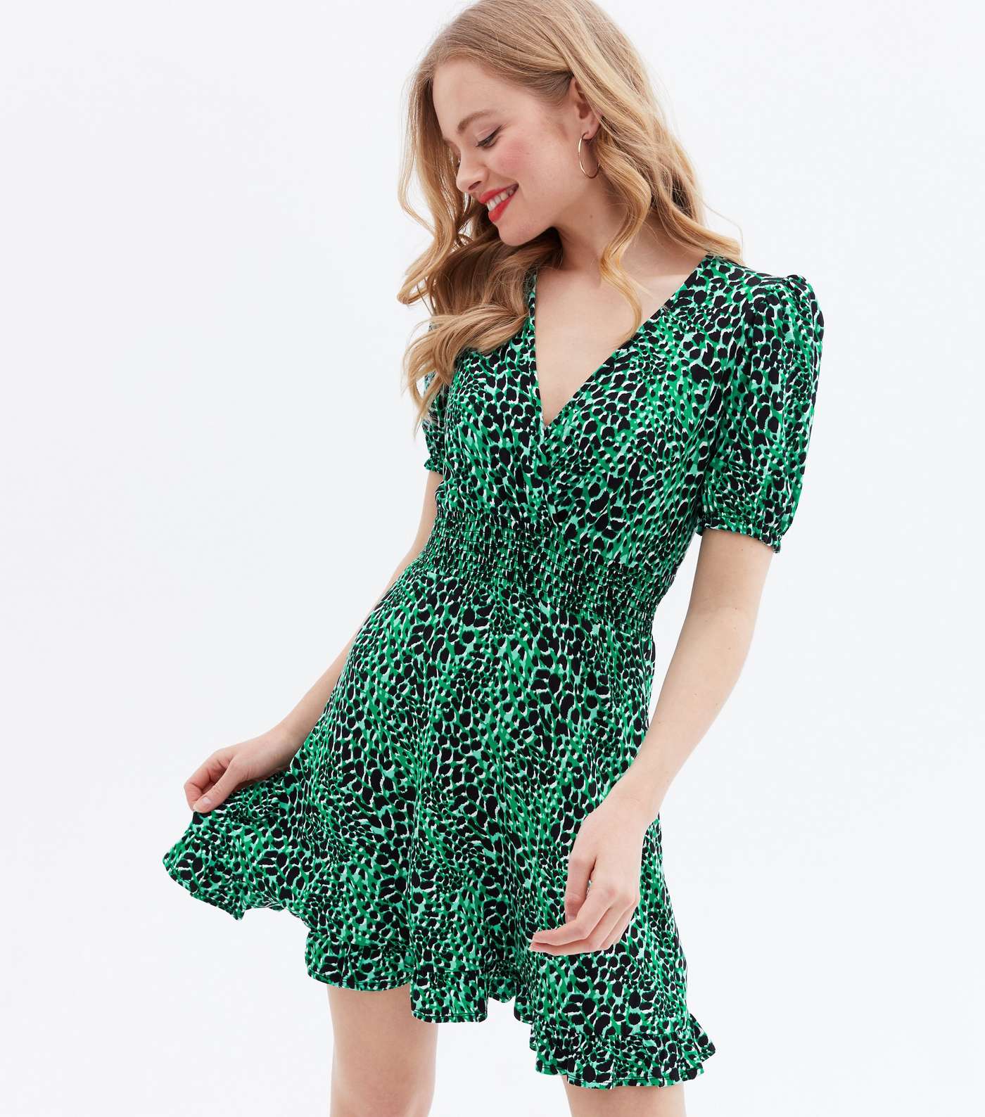 Green Animal Print Jersey Frill Mini Wrap Dress
