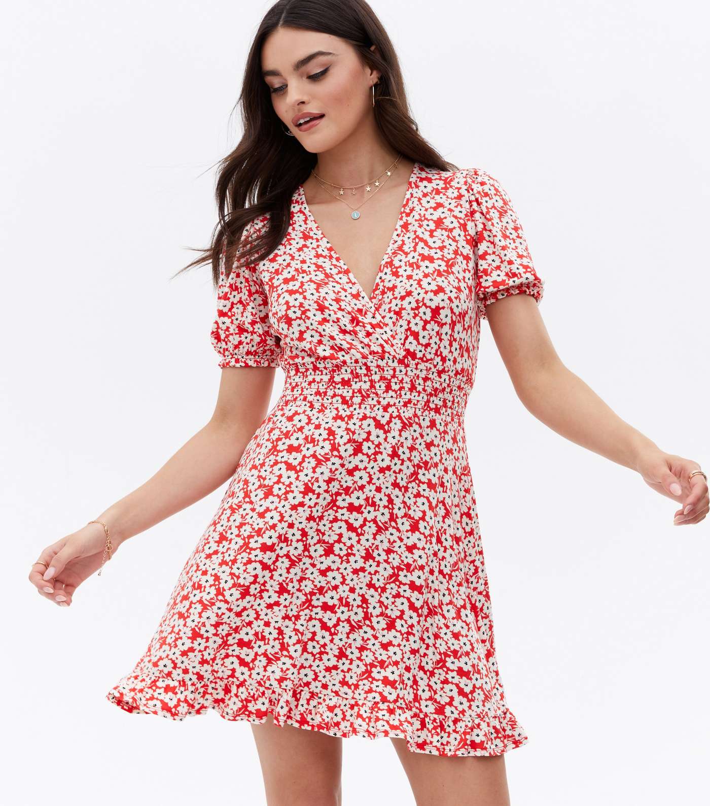 Red Ditsy Floral Jersey Frill Mini Wrap Dress