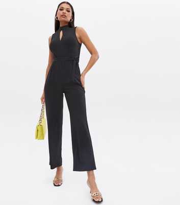 Black Belted Keyhole Halter Jumpsuit