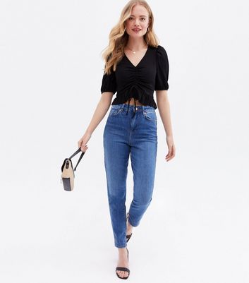 Click to view product details and reviews for Black Ribbed Ruched Front Frill Crop Top New Look.