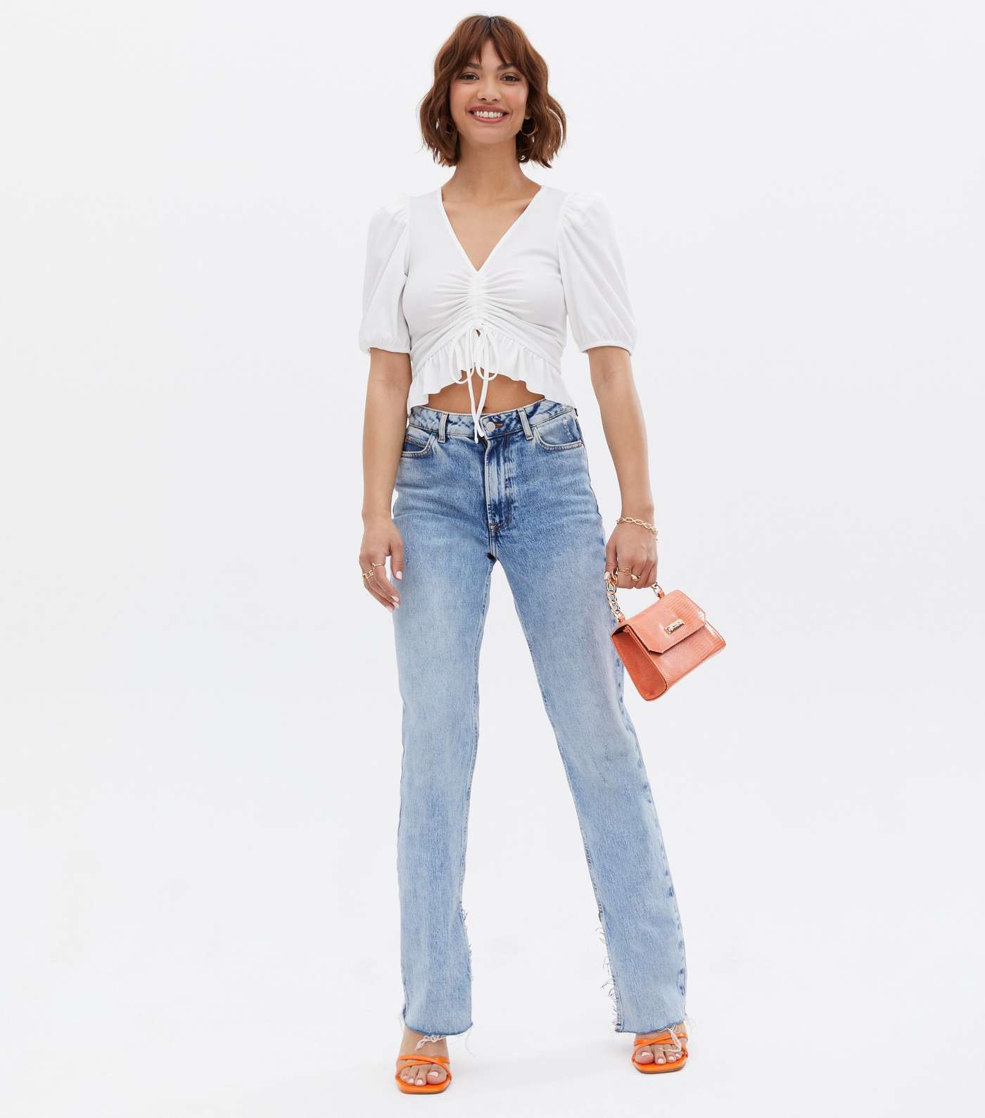 Off White Ribbed Ruched Front Frill Crop Top Image 2