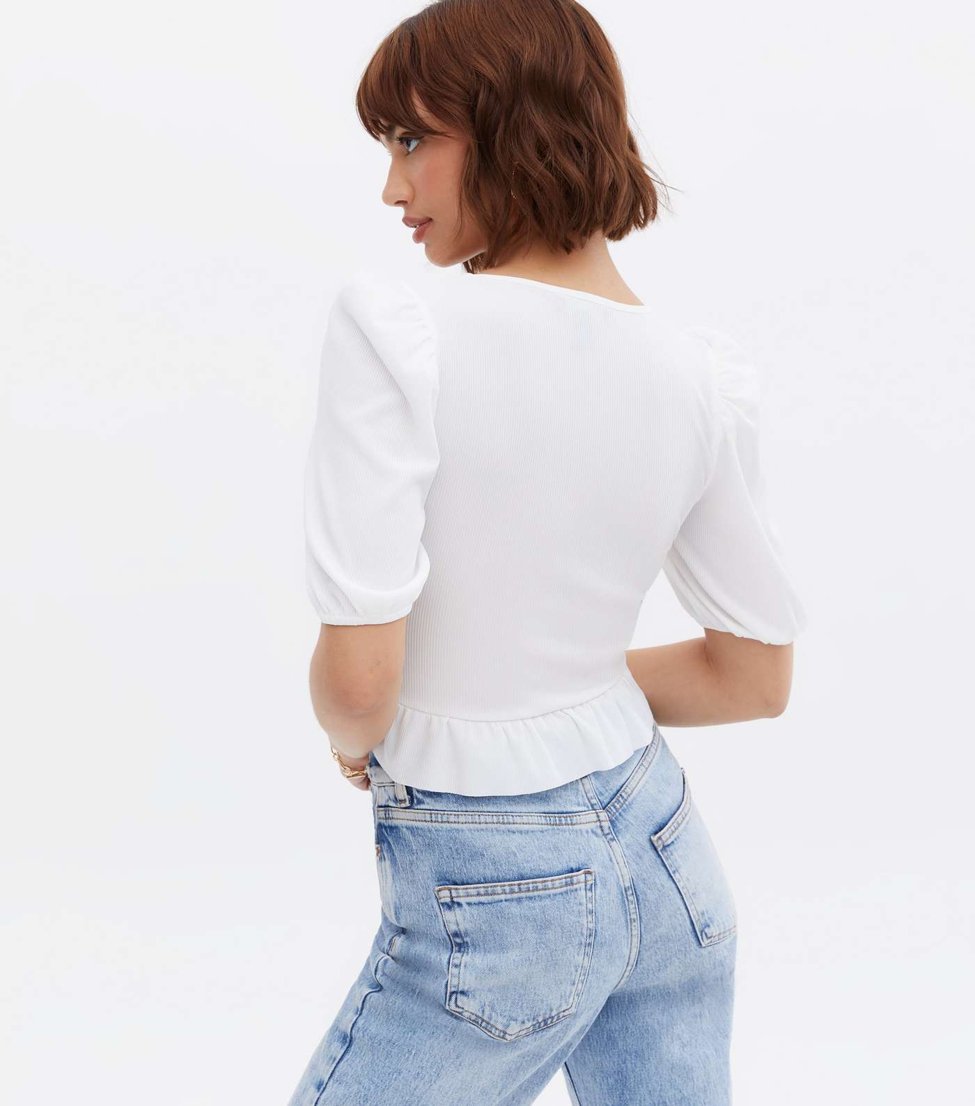 Off White Ribbed Ruched Front Frill Crop Top Image 4