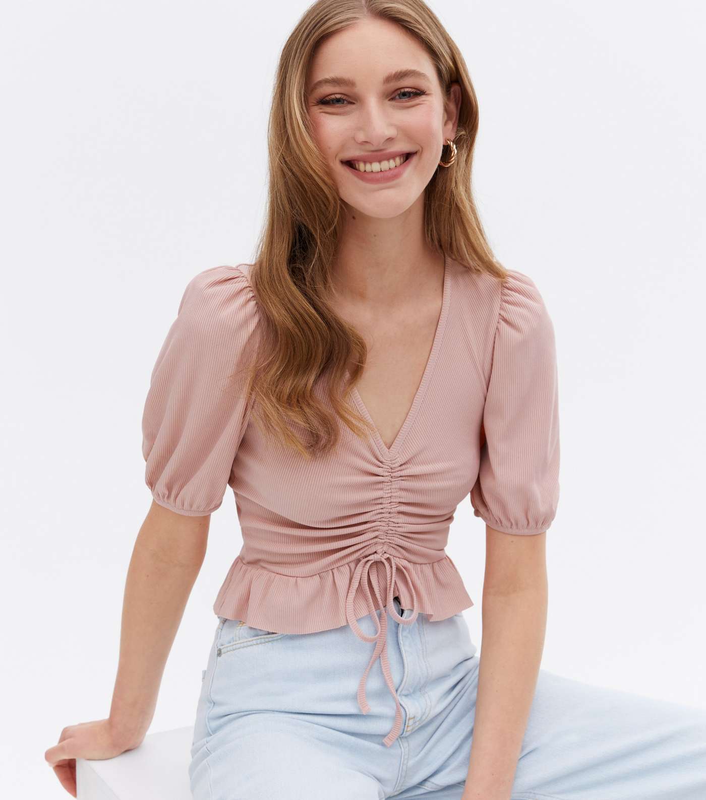 Pink Ribbed Ruched Front Frill Crop Top