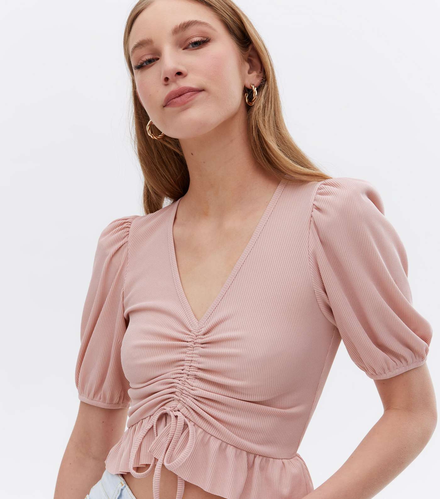 Pink Ribbed Ruched Front Frill Crop Top Image 3