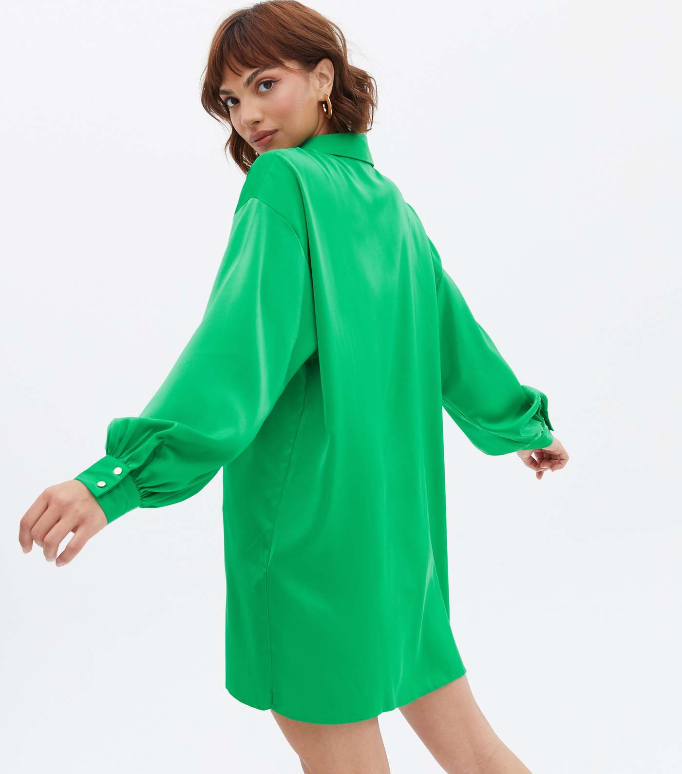 Green Satin Oversized Mini Shirt Dress Image 4