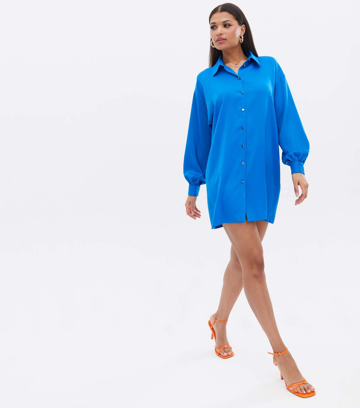 Blue Satin Oversized Mini Shirt Dress Image 2