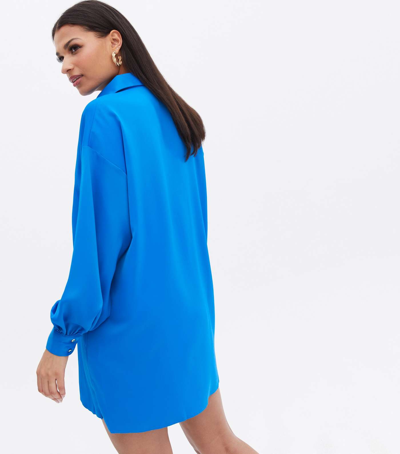 Blue Satin Oversized Mini Shirt Dress Image 4